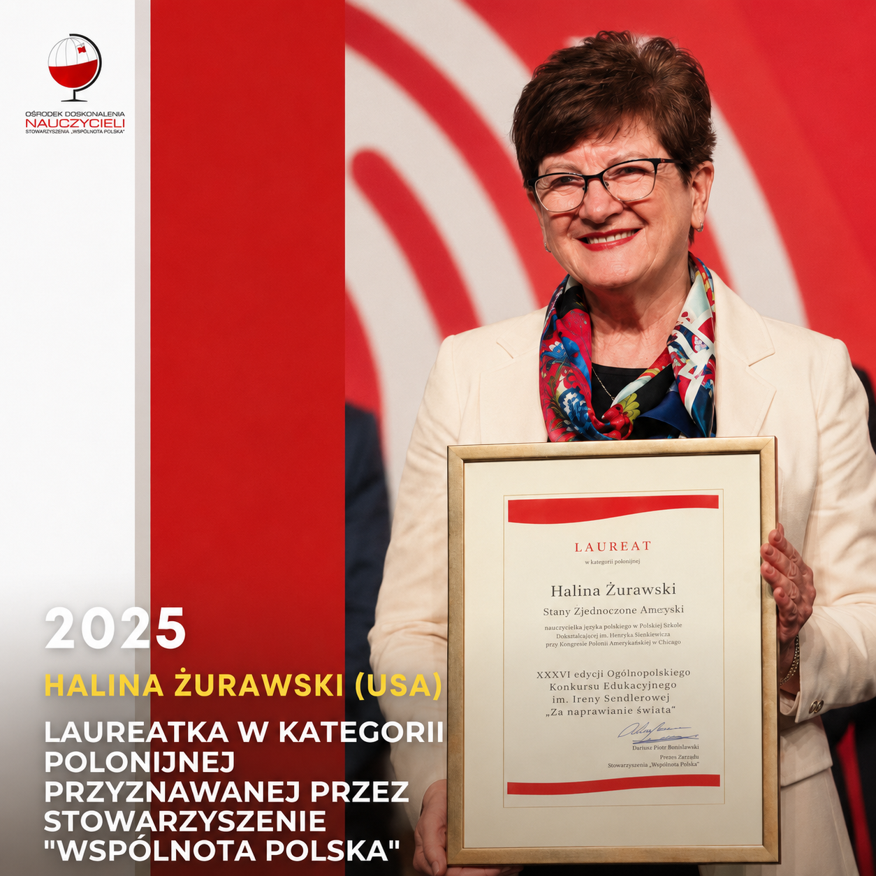 Halina Żurawski – laureatka Nagrody im. Grażyny Langowskiej w kategorii polonijnej w 2025 roku